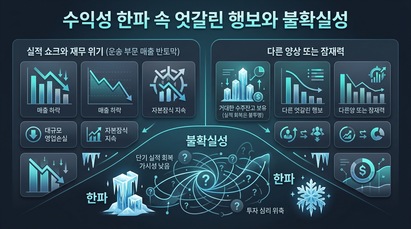 수익성 한파 속 엇갈린 행보와 불확실성