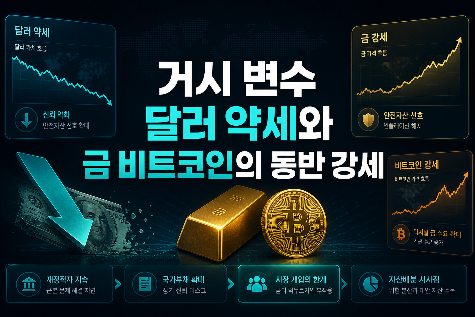거시 변수: 달러 약세와 금·비트코인의 동반 강세