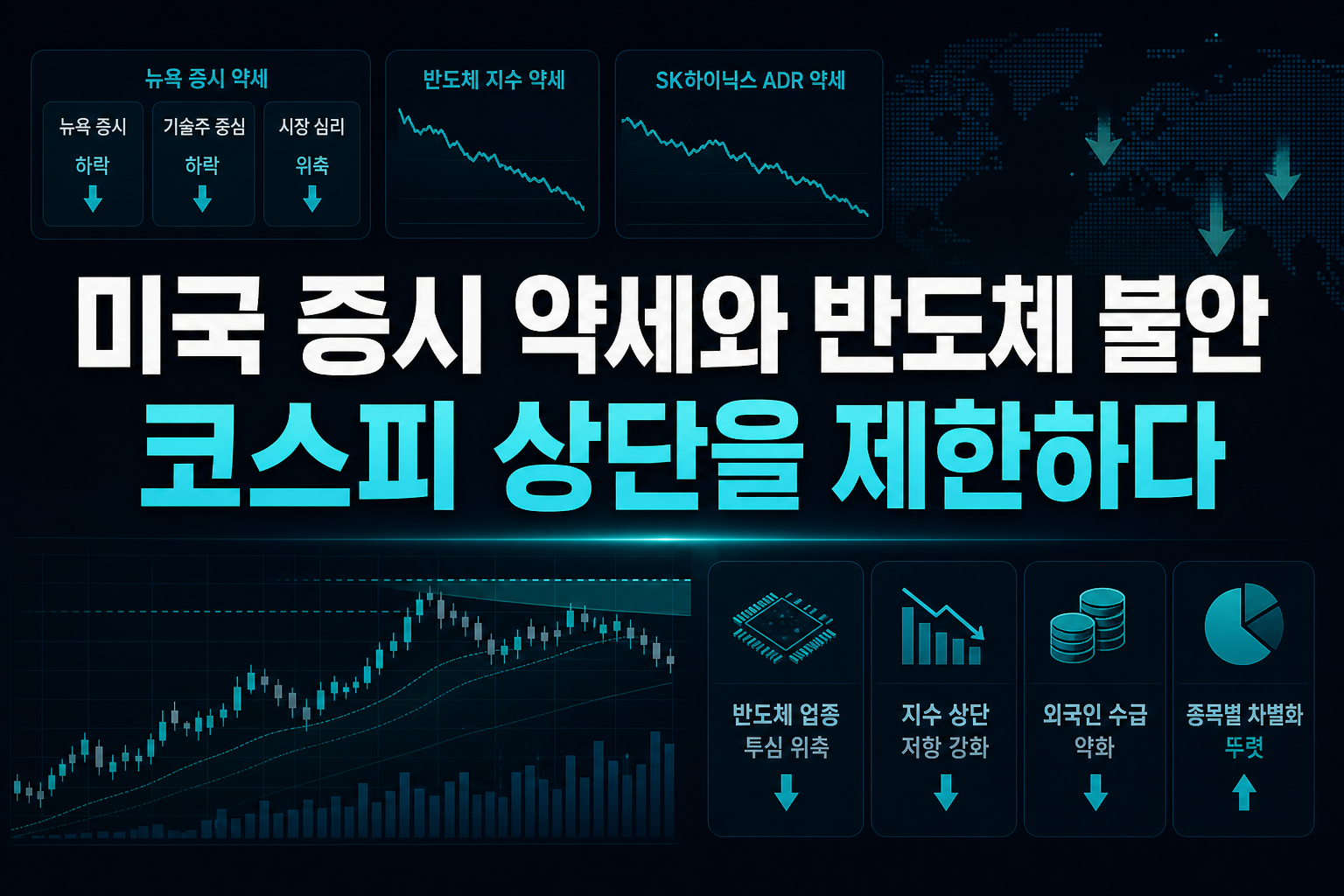 미국 증시 약세와 반도체 불안, 코스피 상단을 제한하다