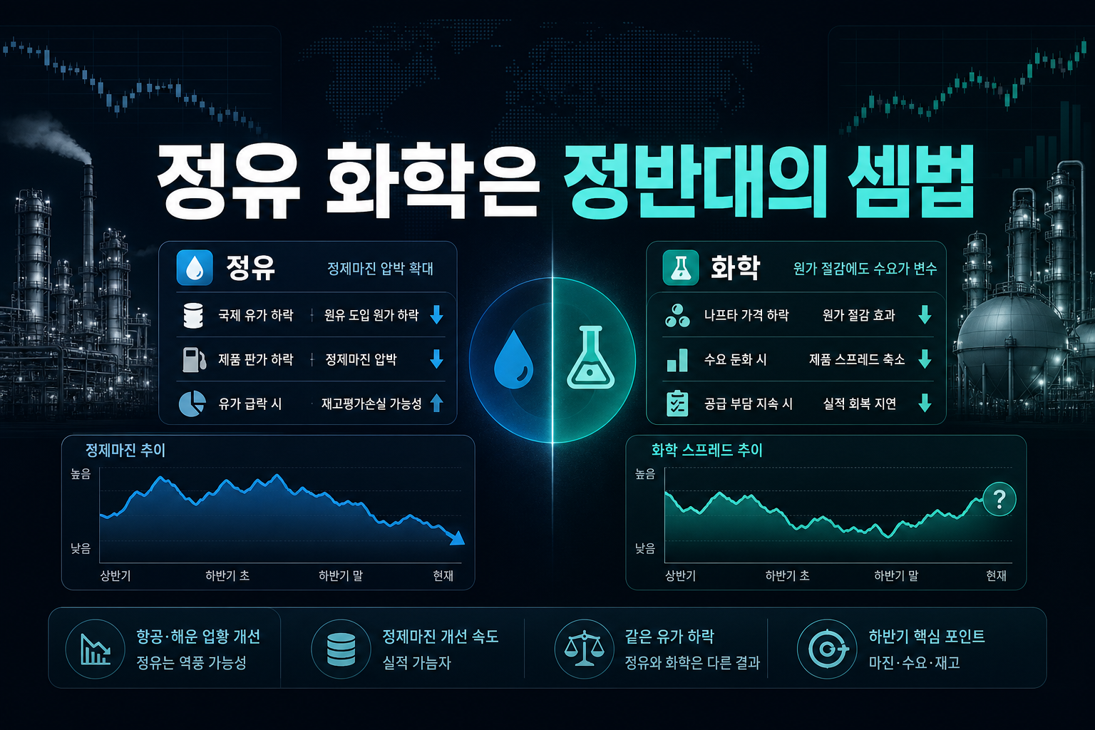 정유·화학은 정반대의 셈법