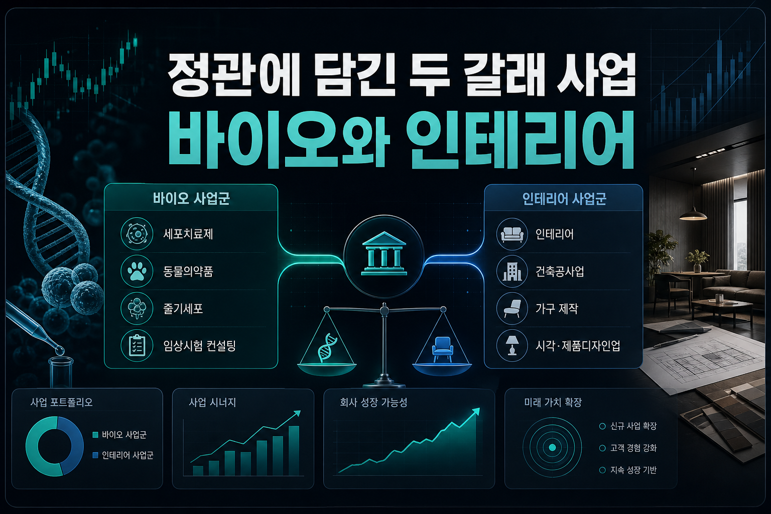 정관에 담긴 두 갈래 사업, 바이오와 인테리어
