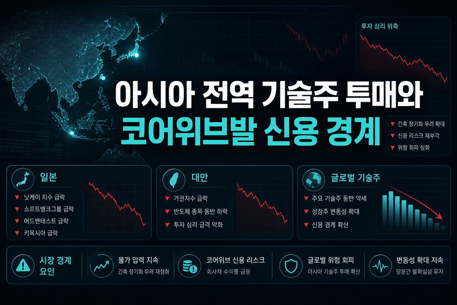 아시아 전역 기술주 투매와 코어위브발 신용 경계