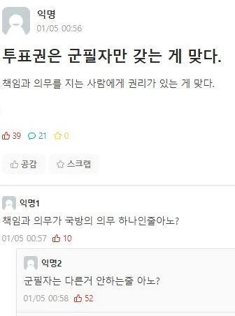 image.png 투표권은 군필자만 갖는 게 맞다.