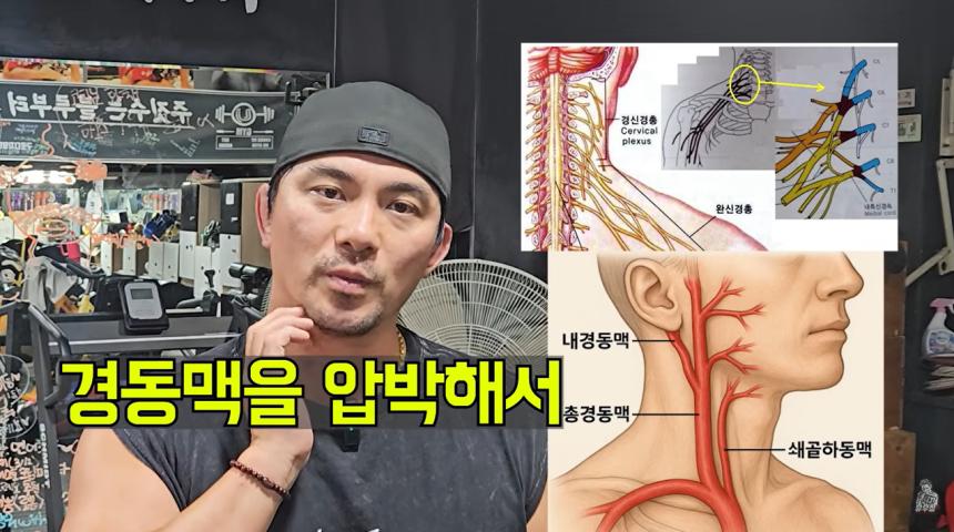 1세대 종합격투기 선수 출신이자 체육관 팀유짐을 운영하는 유우성 대표가 7일 자신의 유튜브 채널에서 격투기 기술인 '길로틴 초크'가 얼마나 위험한지 설명하고 있다. '유우성의입터뷰' 영상 캡처