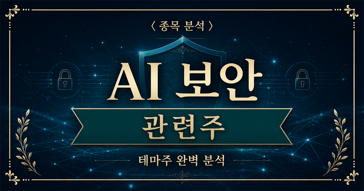 AI 보안과 사이버 방어를 상징하는 방패와 네트워크를 표현한 관련주 분석 표지