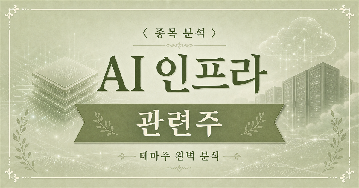 AI 인프라 관련주를 주제로 반도체와 데이터센터, 클라우드 네트워크를 담은 종목 분석 표지