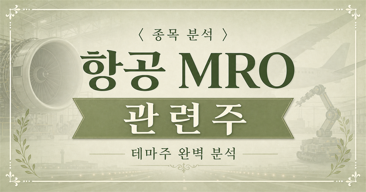 항공 MRO 관련주 종목 분석 표지 이미지. 항공기 엔진과 정비 격납고, 정비 로봇을 배경으로 항공 MRO 관련주 문구가 보인다.