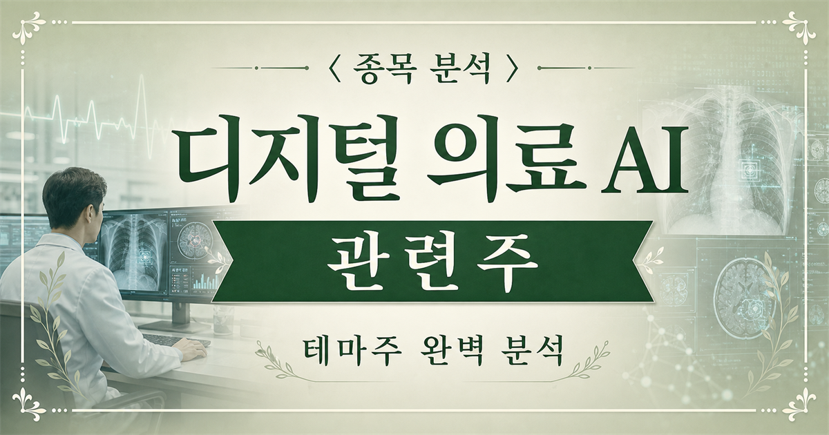디지털 의료 AI 관련주 종목 분석 표지 이미지. 병원 영상 판독 화면과 흉부·뇌 의료영상, 심전도 파형을 배경으로 디지털 의료 AI 관련주 문구가 보인다.