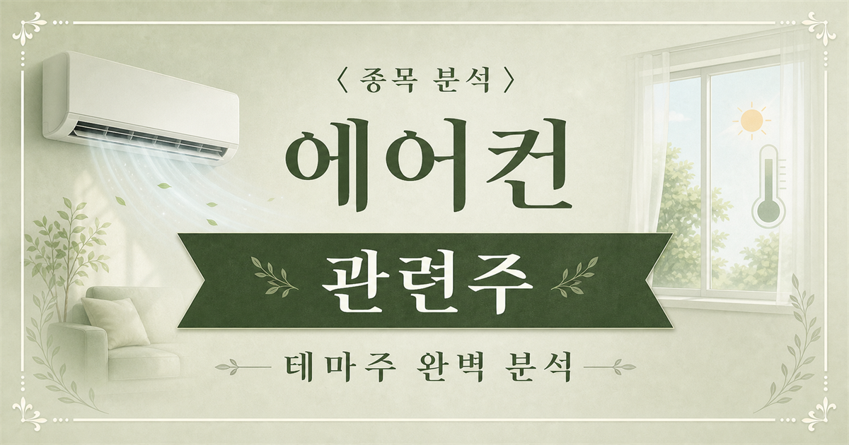 폭염 에어컨 관련주를 주제로 에어컨과 시원한 실내를 담은 종목 분석 표지