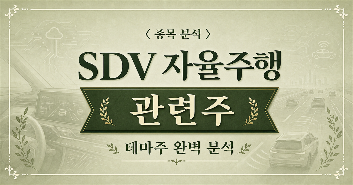 SDV 자율주행 관련주 종목 분석 표지 이미지. 차량 소프트웨어 화면과 연결도로, 자율주행 차량을 배경으로 SDV 자율주행 관련주 문구가 보인다.