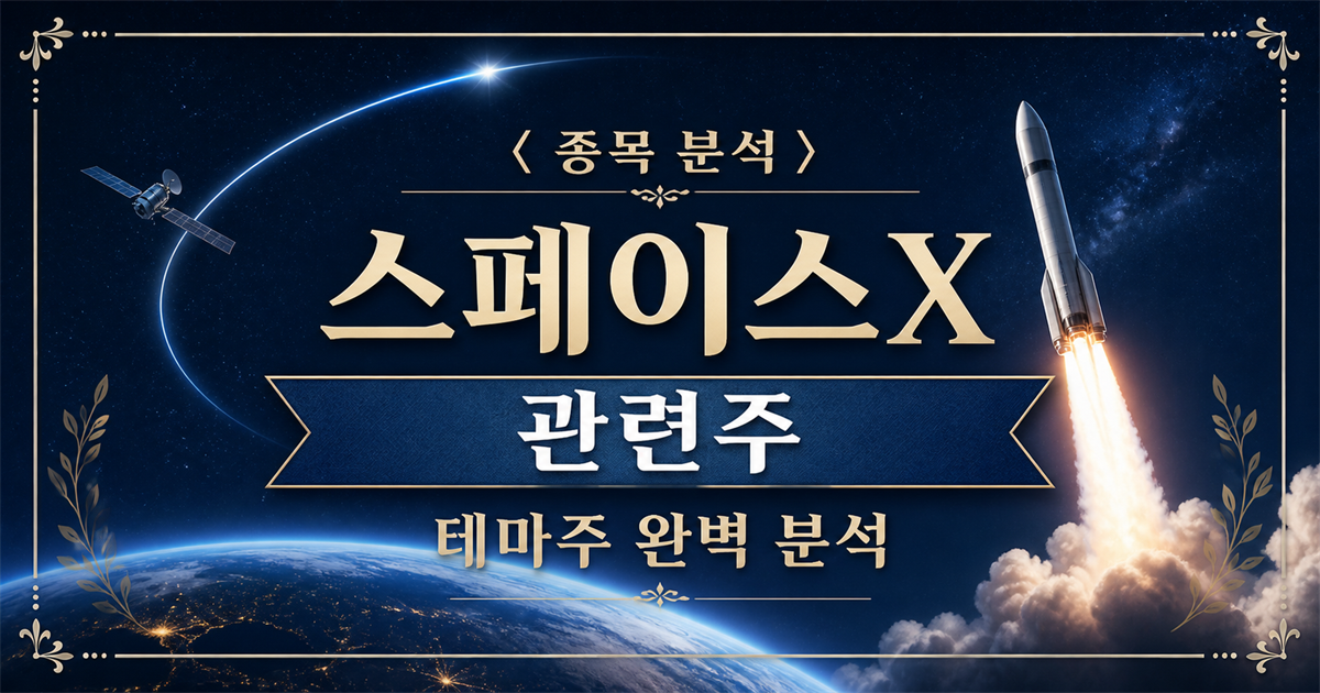 스페이스X 관련주 종목 분석 표지 이미지. 우주 공간, 위성, 발사 로켓과 스페이스X 관련주 문구가 보인다.