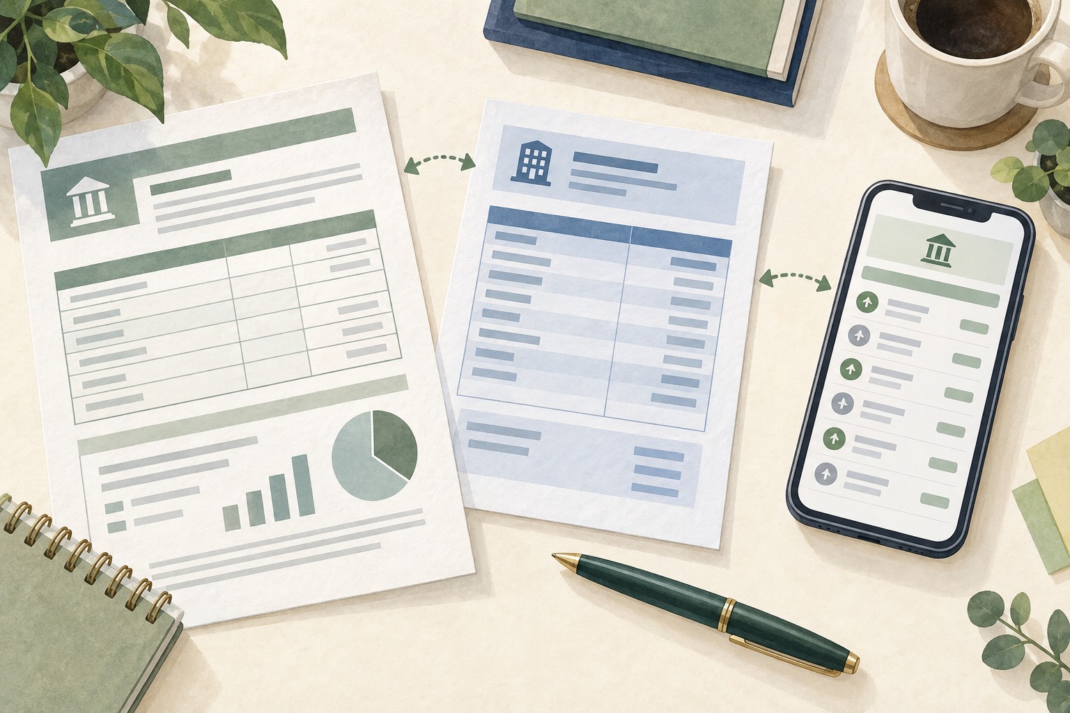 세금 정산 서류와 급여명세서 및 은행 거래 내역을 대조하는 삽화