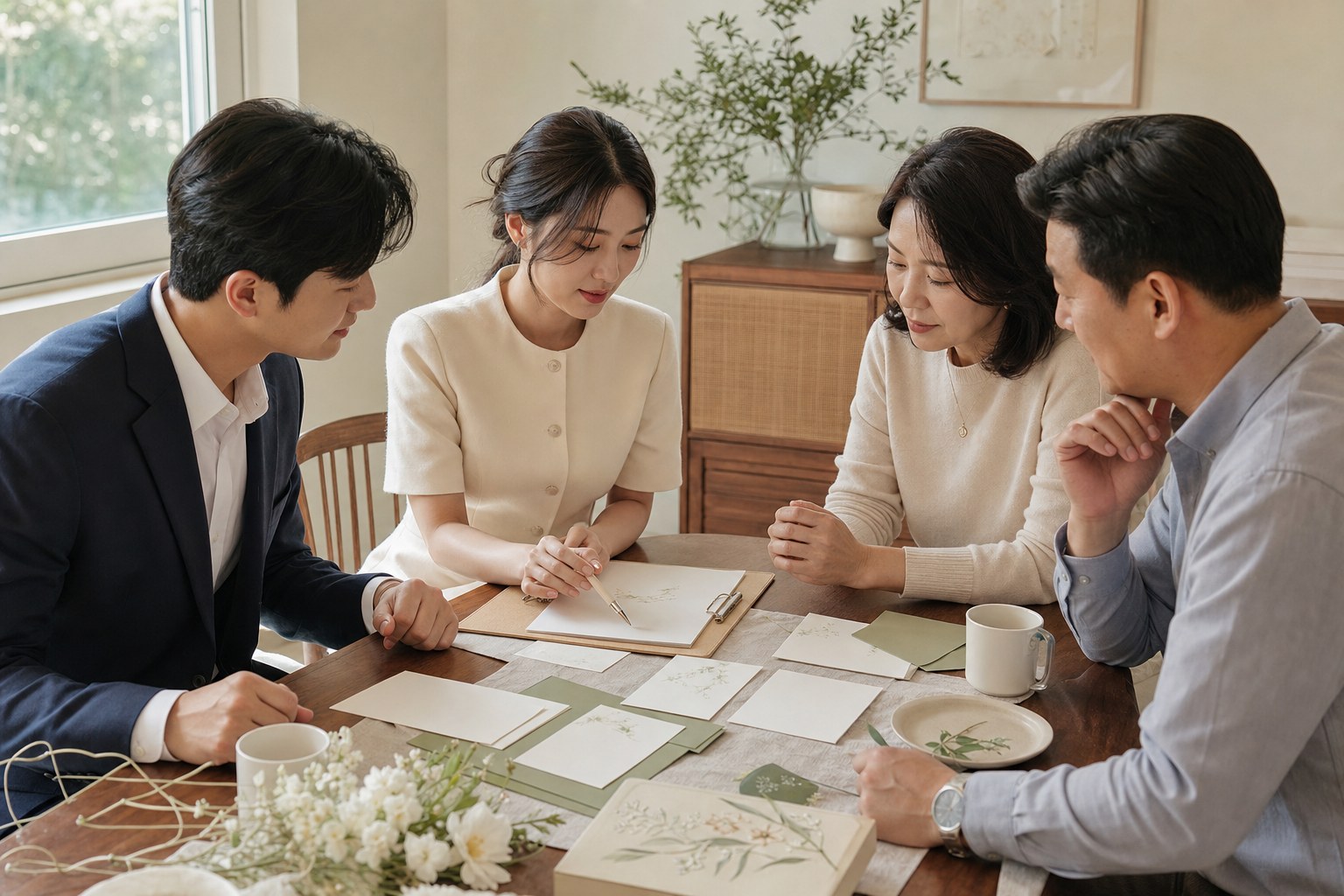 신랑신부와 양가가 함께 종이 청첩장 시안을 확인하는 모습