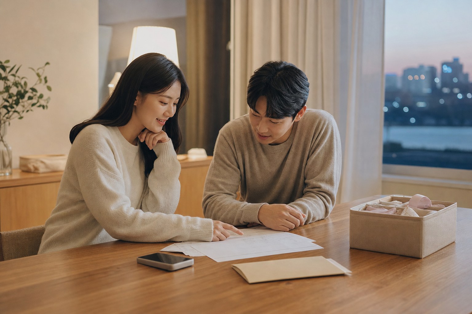 예비부부가 결혼식 전날 예식 일정과 준비물을 함께 확인하는 모습