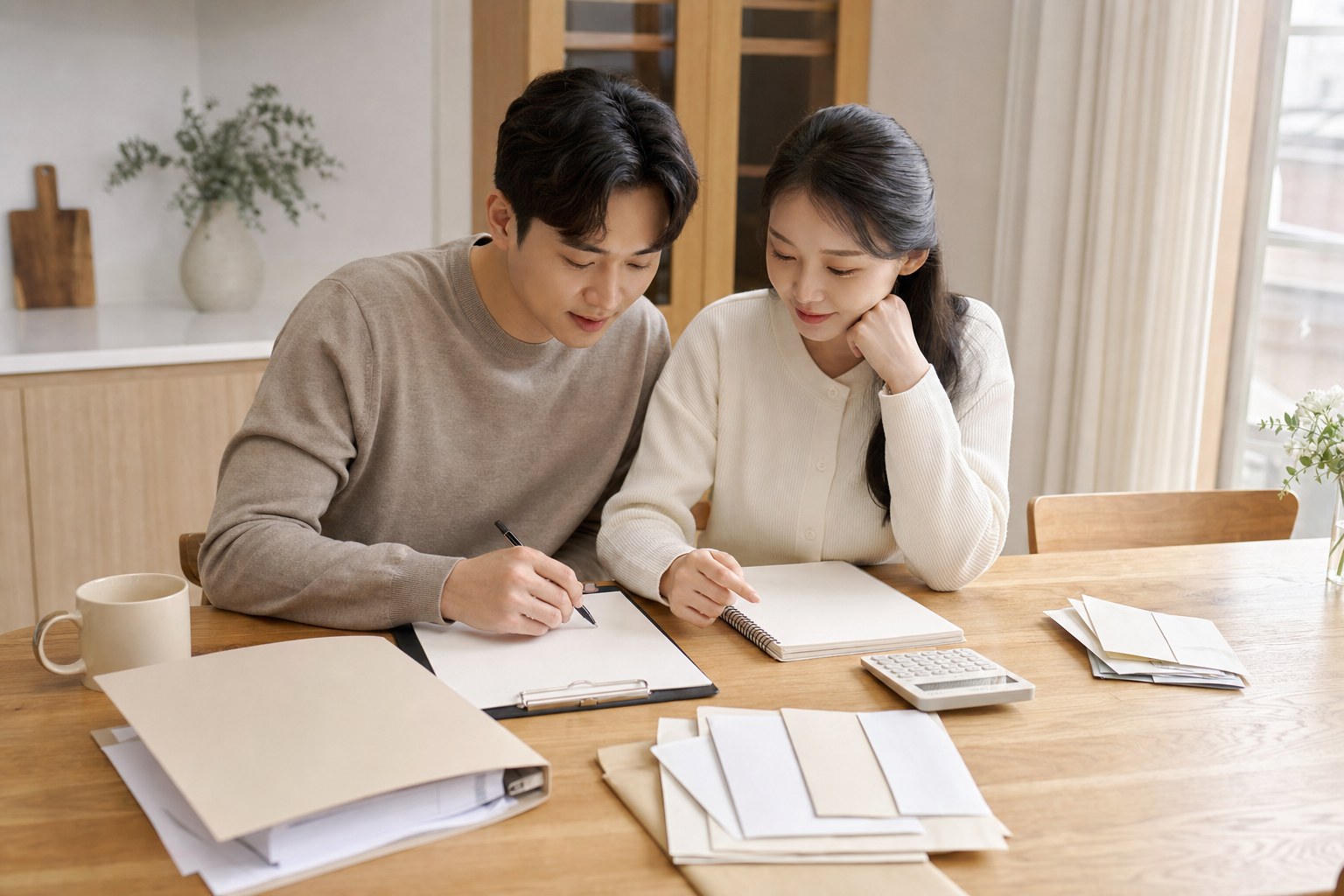 신랑신부가 결혼식 다음 날 봉투와 정산 자료를 함께 정리하는 모습