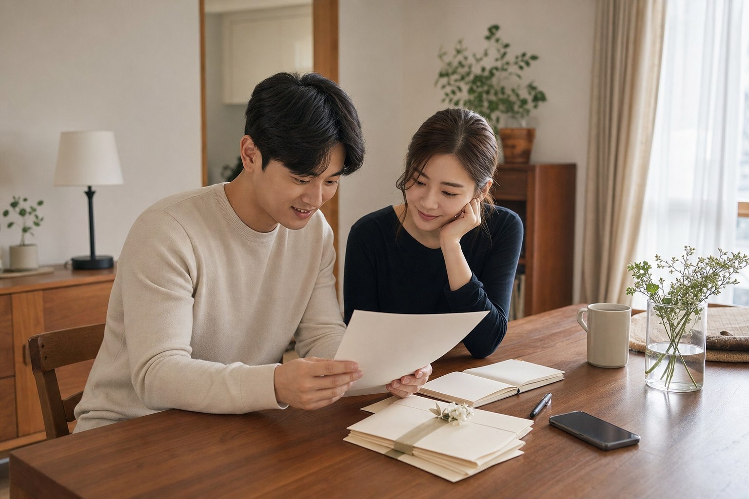 예비부부가 집 식탁에서 청첩장과 결혼식 준비 목록을 함께 확인하는 모습
