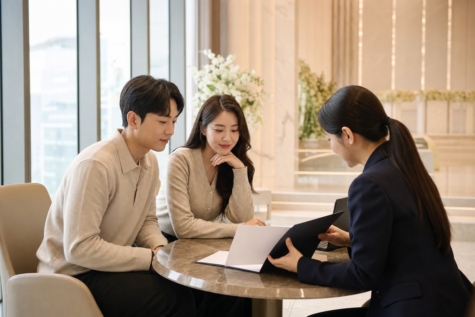 예비부부가 웨딩홀 상담 공간에서 코디네이터와 계약 조건을 확인하는 모습