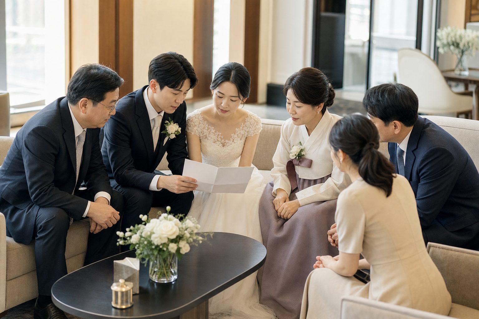 예식 전 신랑신부가 양가 부모님과 가족 대표에게 한 장 안내문을 설명하는 모습