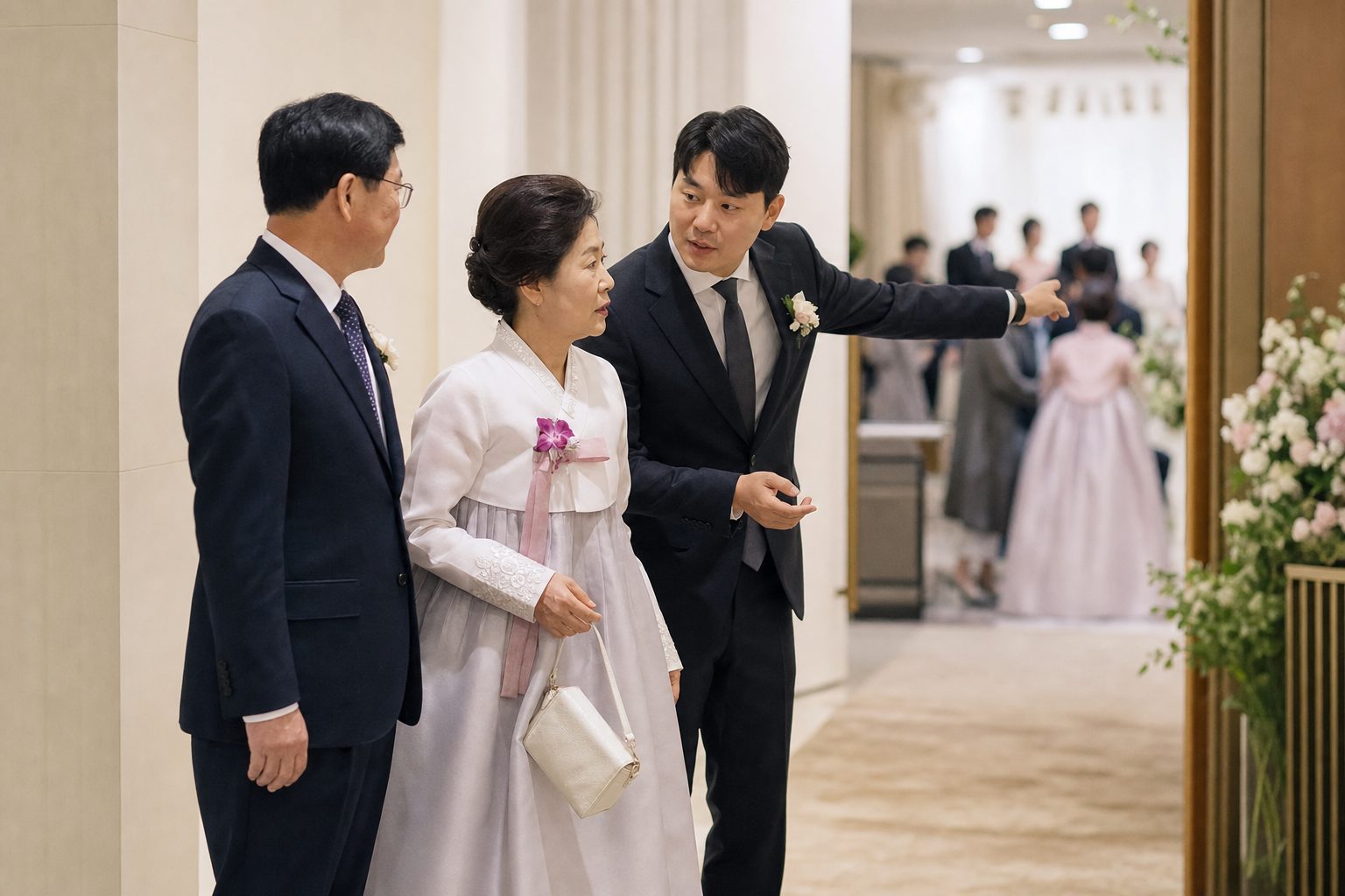 웨딩홀 복도에서 가족 대표가 양가 부모님께 가족사진 대기 위치를 안내하는 모습