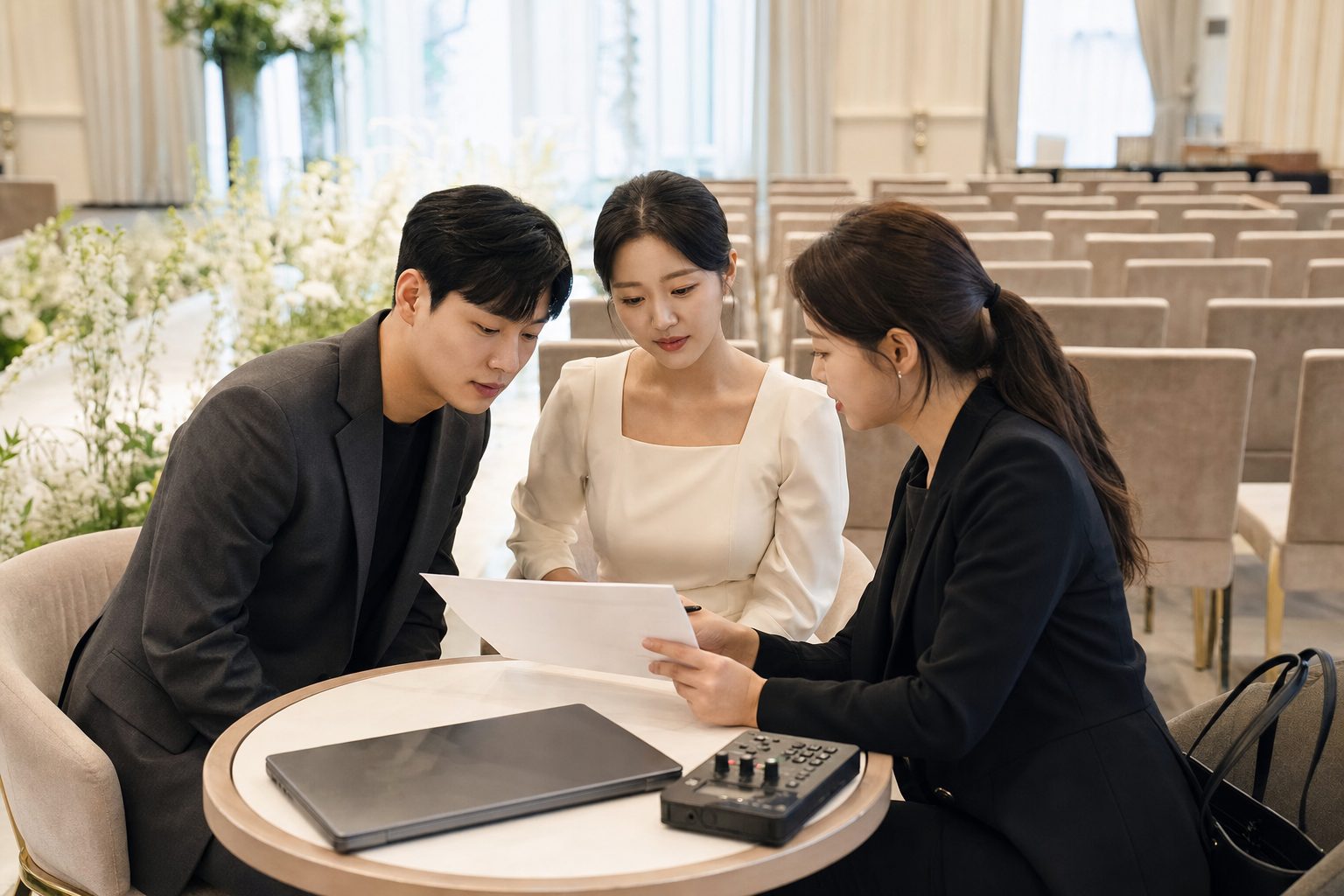 예식 전 신랑신부와 코디네이터가 최종 진행표를 함께 확인하는 모습