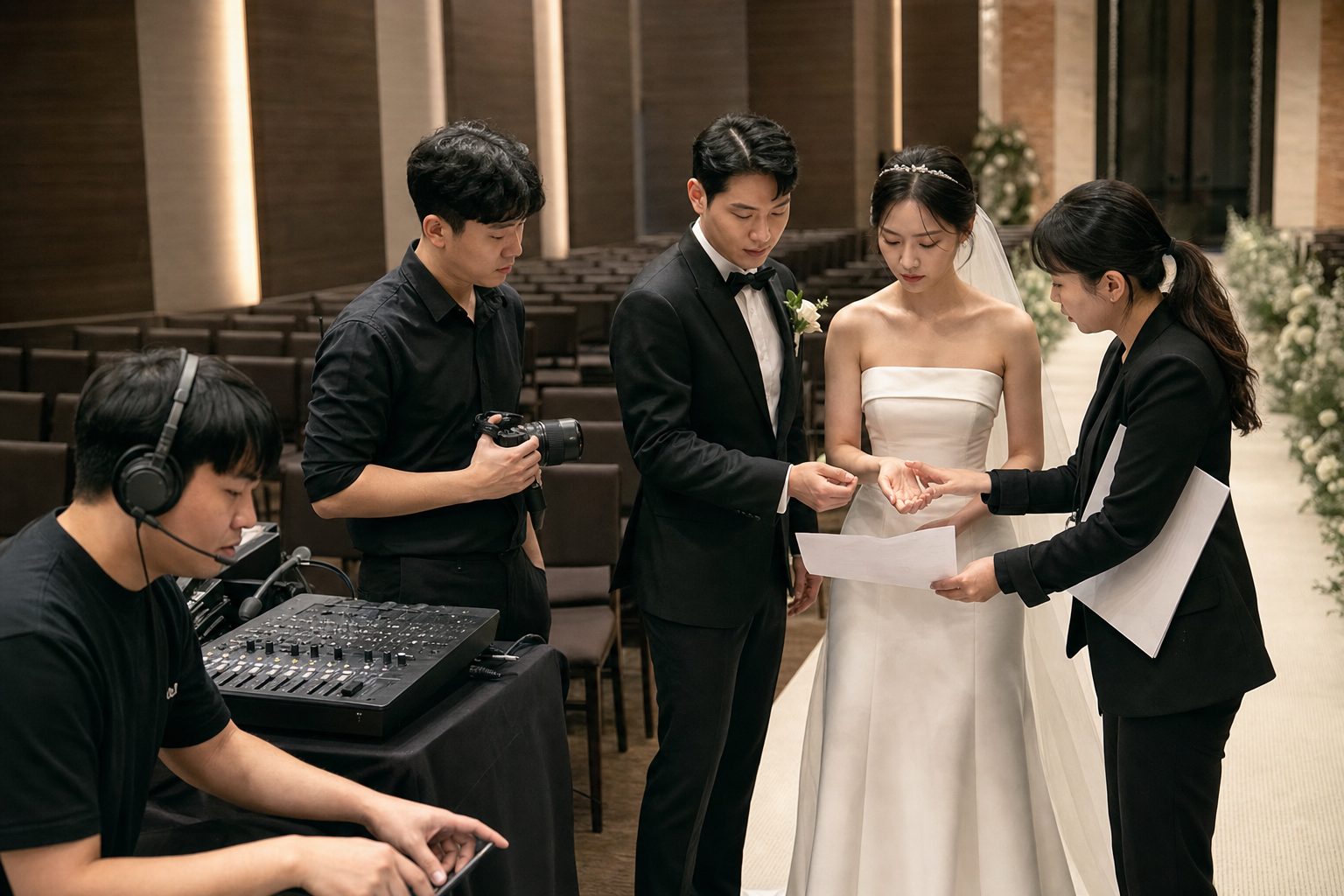 본식 리허설 중 신랑신부와 음향 및 촬영팀이 진행 신호를 확인하는 모습