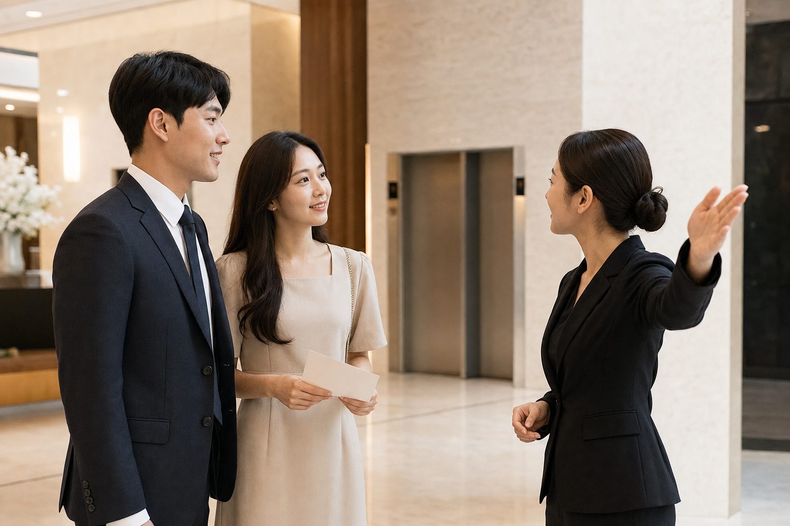 웨딩홀 로비에서 예비부부가 직원에게 주차와 입구 동선을 확인하는 모습