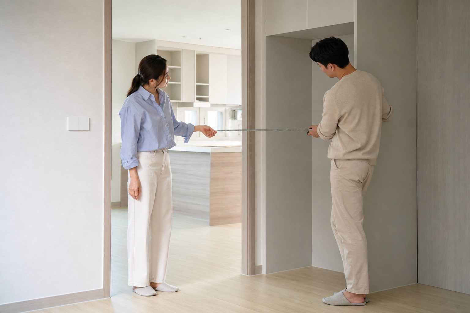 빈 신혼집에서 예비부부가 가전 반입 공간을 줄자로 실측하는 모습