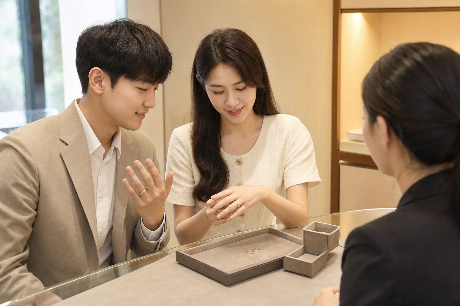 주얼리 매장에서 예비부부가 결혼반지를 직접 착용해 확인하는 모습