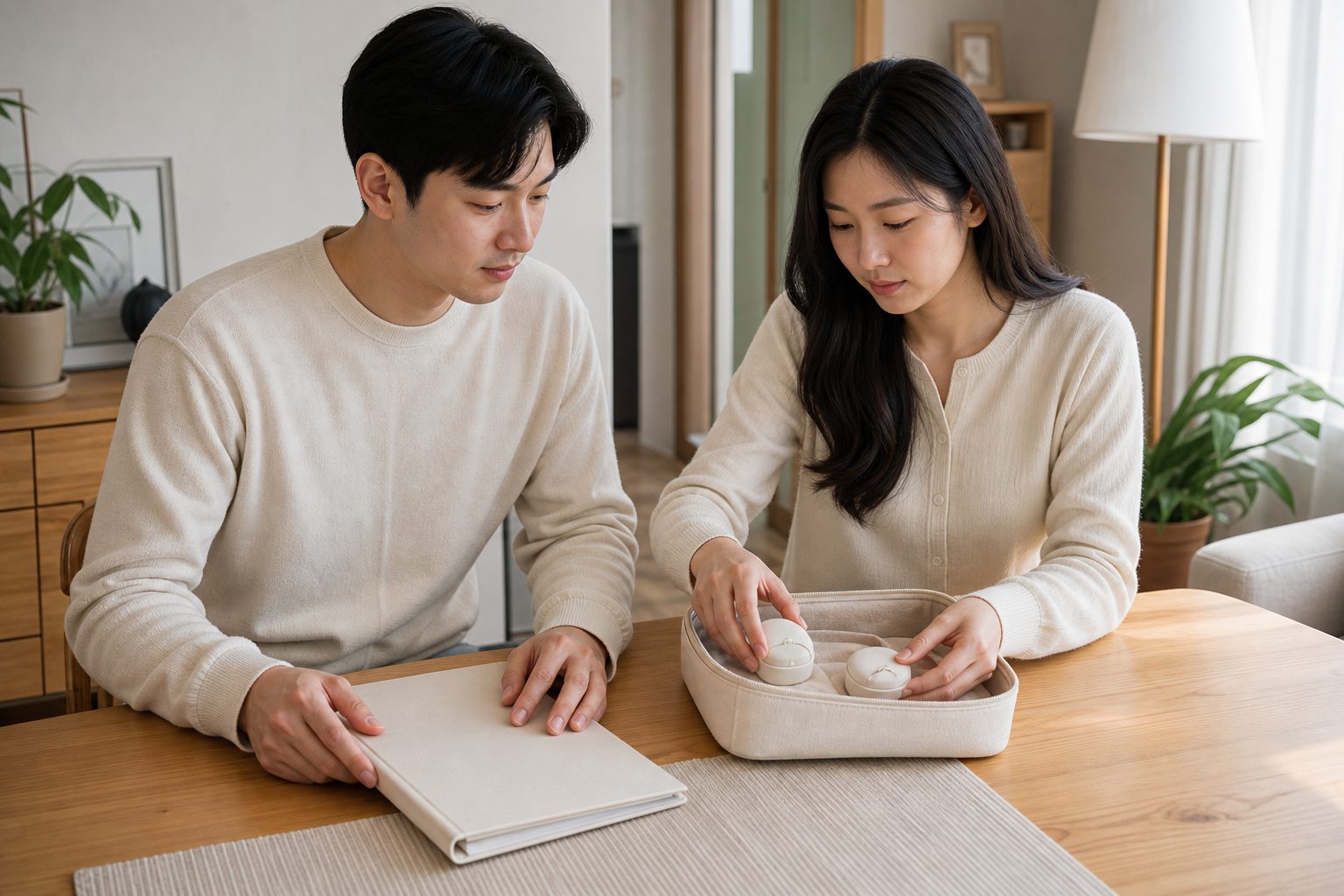 예비부부가 결혼반지 케이스와 보증 관련 서류를 분리해 정리하는 모습