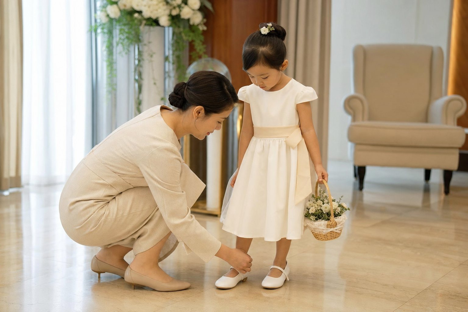 결혼식 전 보호자가 화동 아이의 신발과 꽃바구니를 확인하는 모습