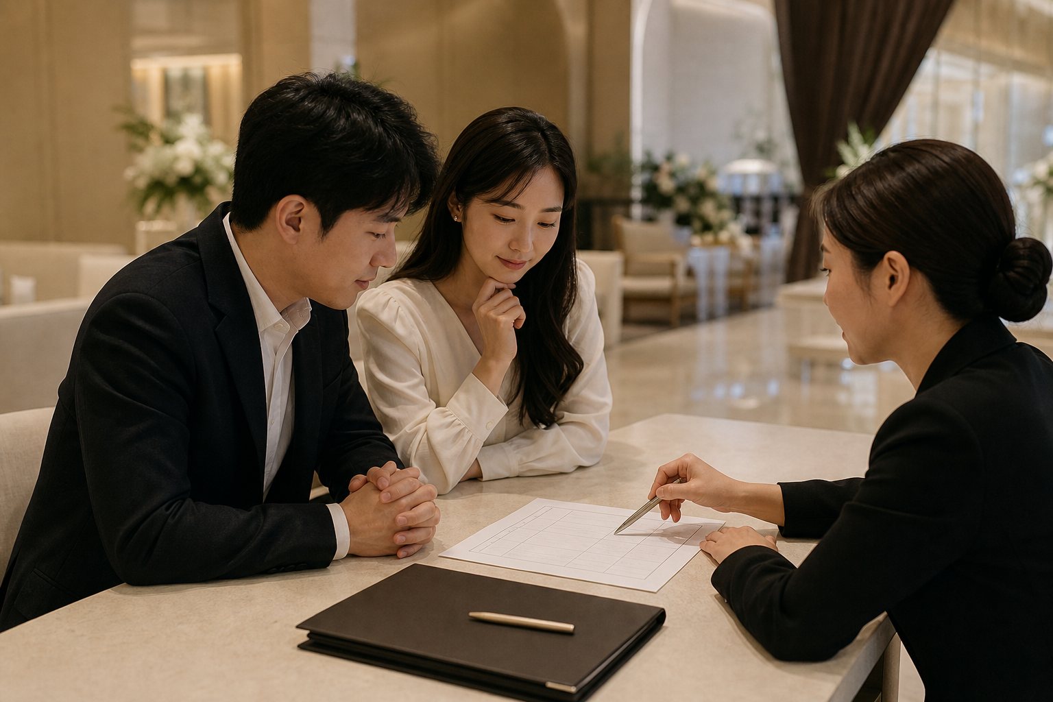 예비부부와 예식장 담당자가 결혼식 식사 인원 계획을 함께 확인하는 모습