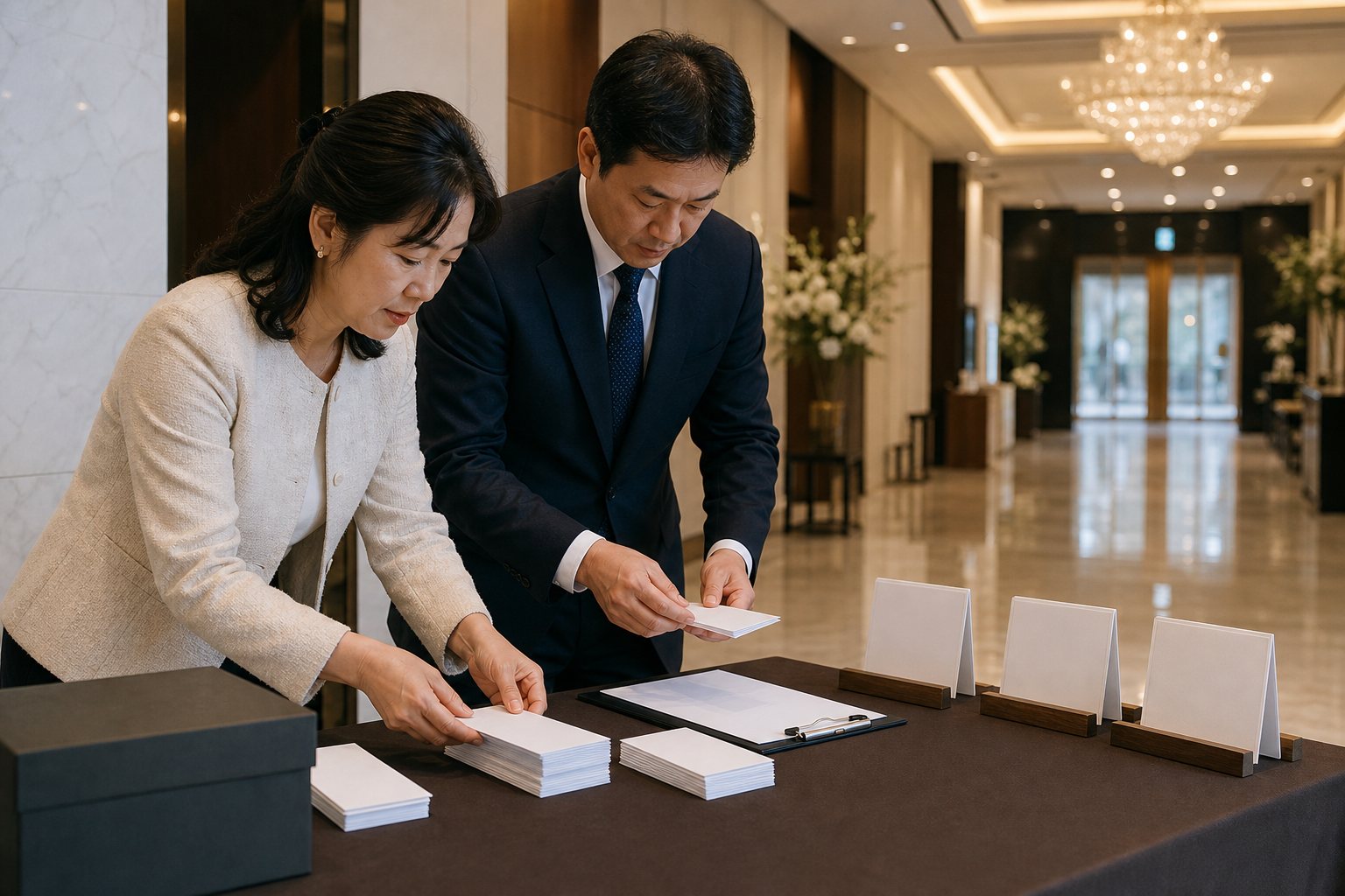 결혼식 전 접수대에서 가족 도우미가 식권과 안내 자료를 정리하는 모습