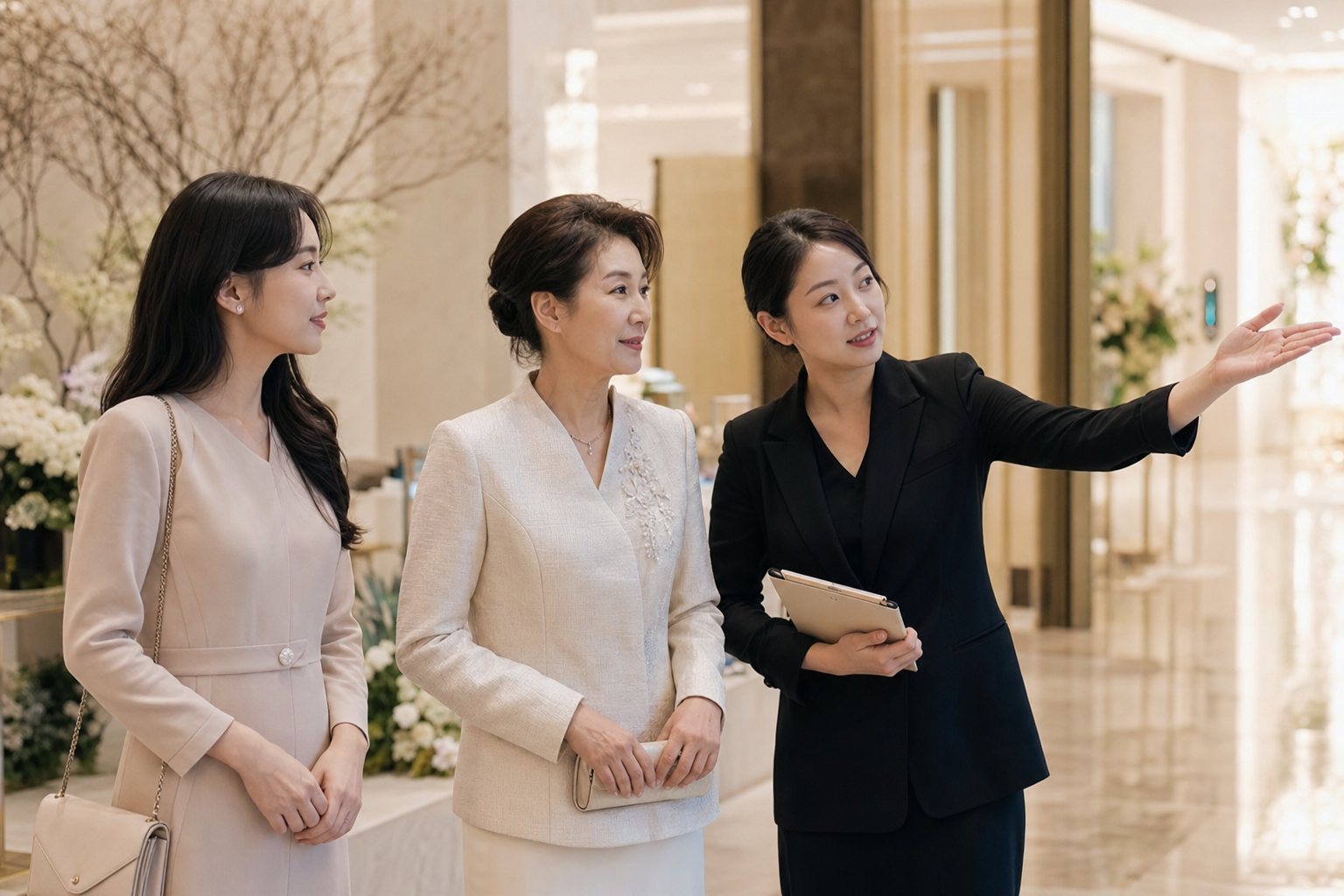 결혼식 당일 예식장 로비에서 혼주와 가족, 진행 담당자가 대기 동선을 확인하는 모습