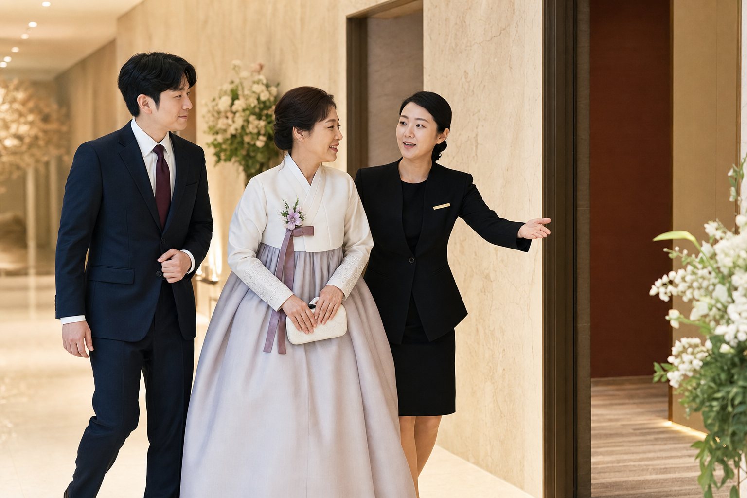 결혼식장 복도에서 혼주와 가족, 진행 담당자가 가족사진 이동 방향을 확인하는 모습