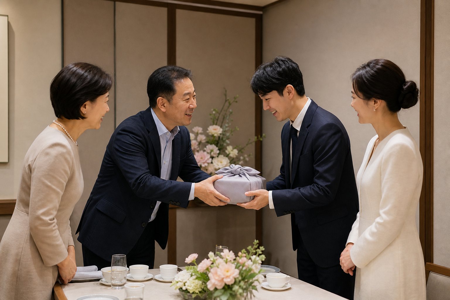양가 가족이 식사 자리에서 포장한 예단 선물을 차분히 전달하는 모습