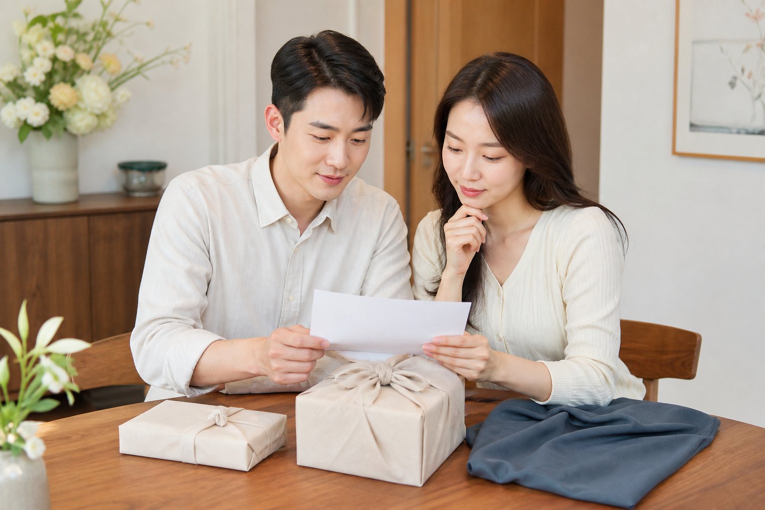 예비부부가 예단 전달 전 포장한 선물과 준비 목록을 함께 확인하는 모습