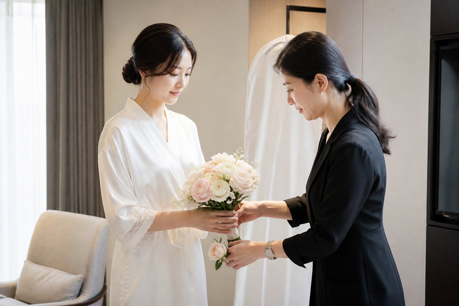 신부와 웨딩 헬퍼가 대기실에서 부케와 부토니에를 함께 확인하는 모습