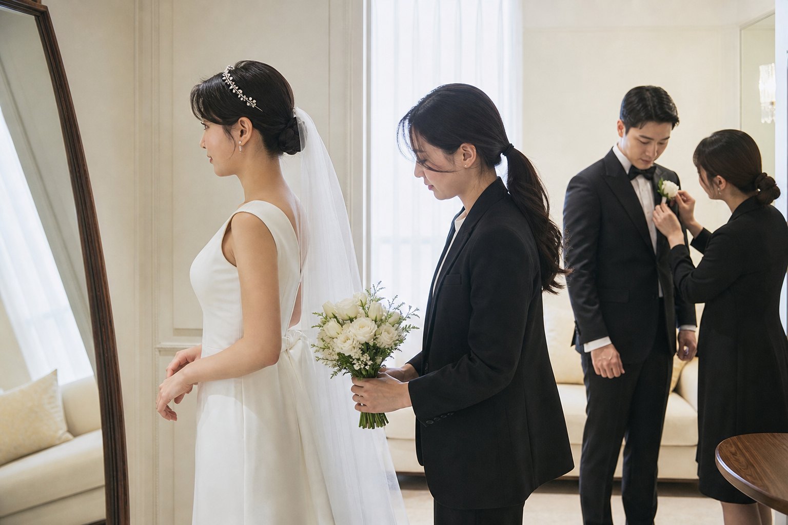 신부대기실에서 헬퍼가 부케를 들고 신랑의 부토니에 착용을 확인하는 모습