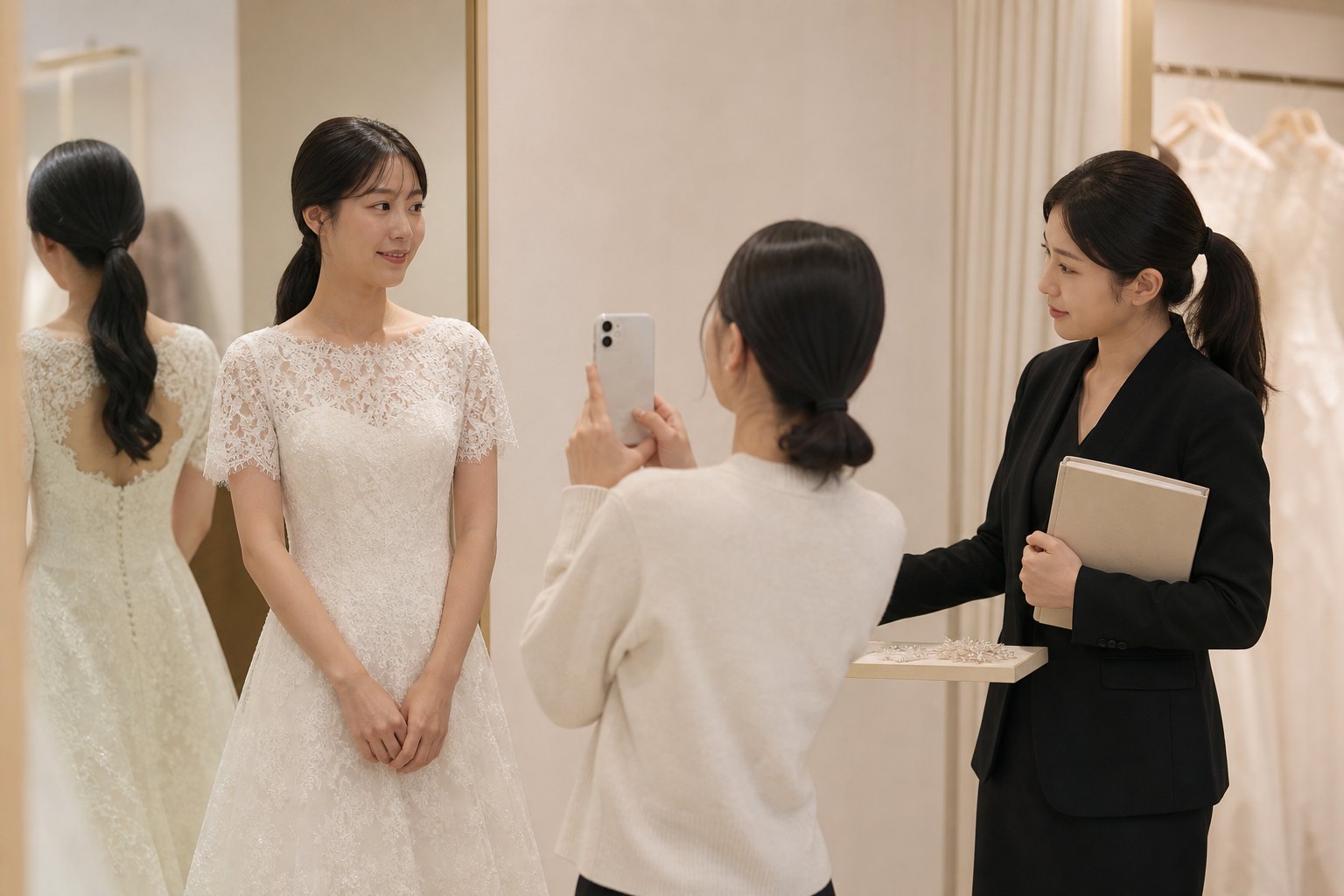 신부가 웨딩드레스 피팅 사진을 남기고 상담사와 비교하는 모습