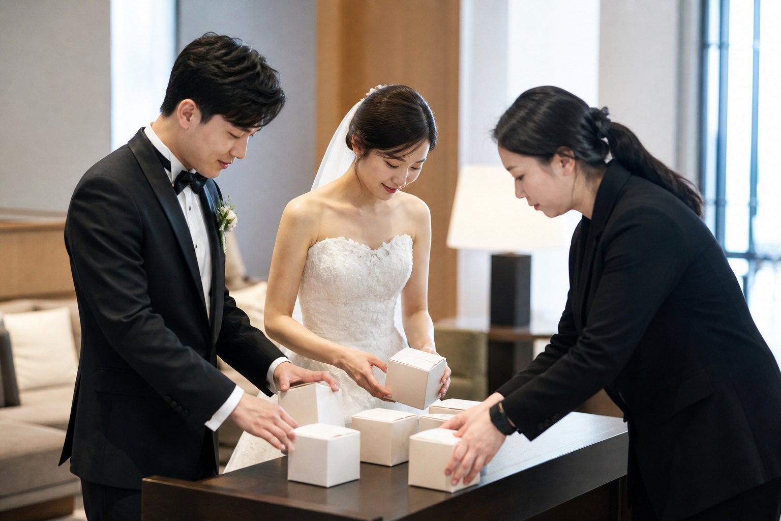 신혼부부와 헬퍼가 웨딩홀 대기 공간에서 답례품 상자를 함께 확인하는 모습