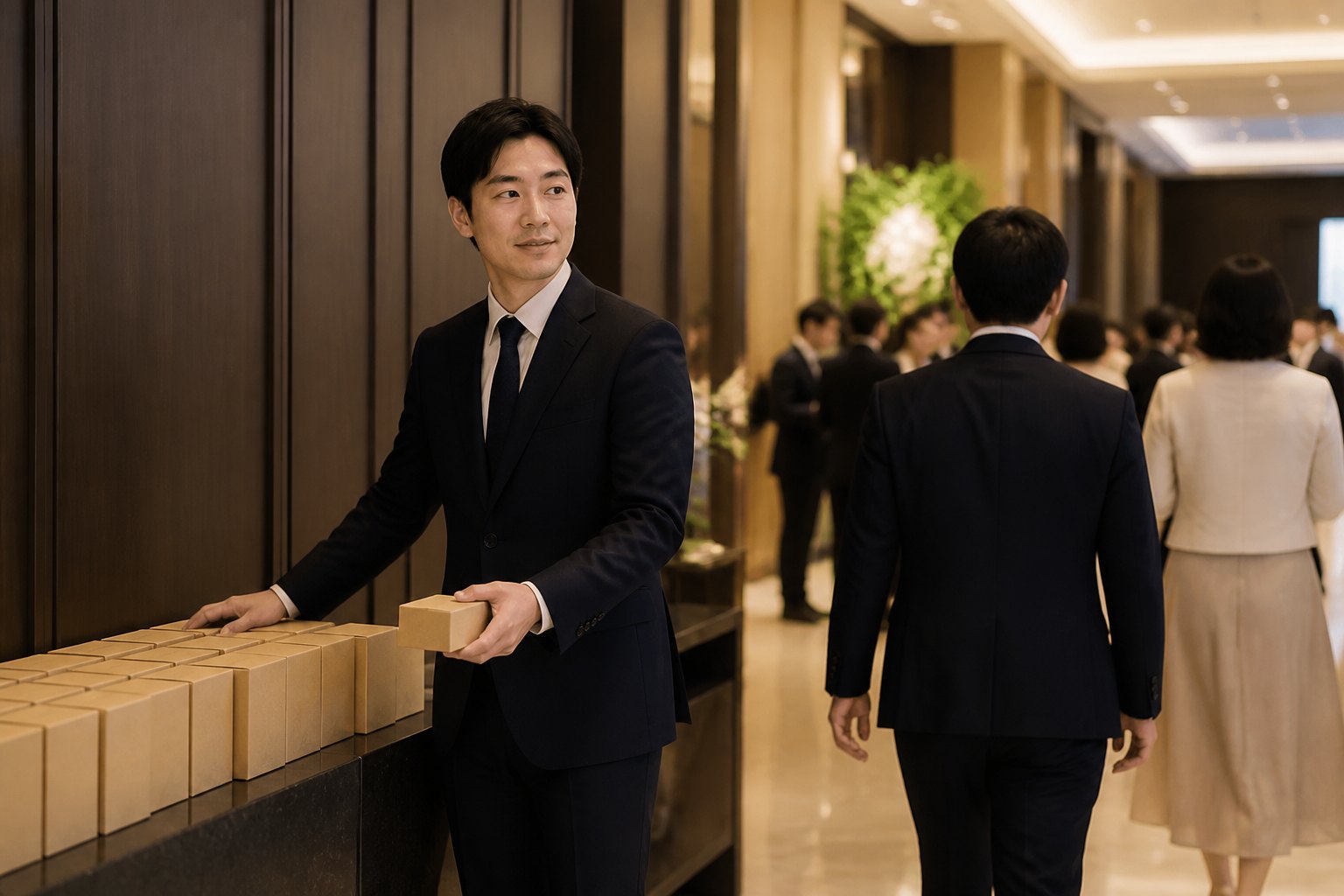 웨딩홀 접수 공간 옆에서 답례품 상자를 정리하는 전달 담당자의 모습