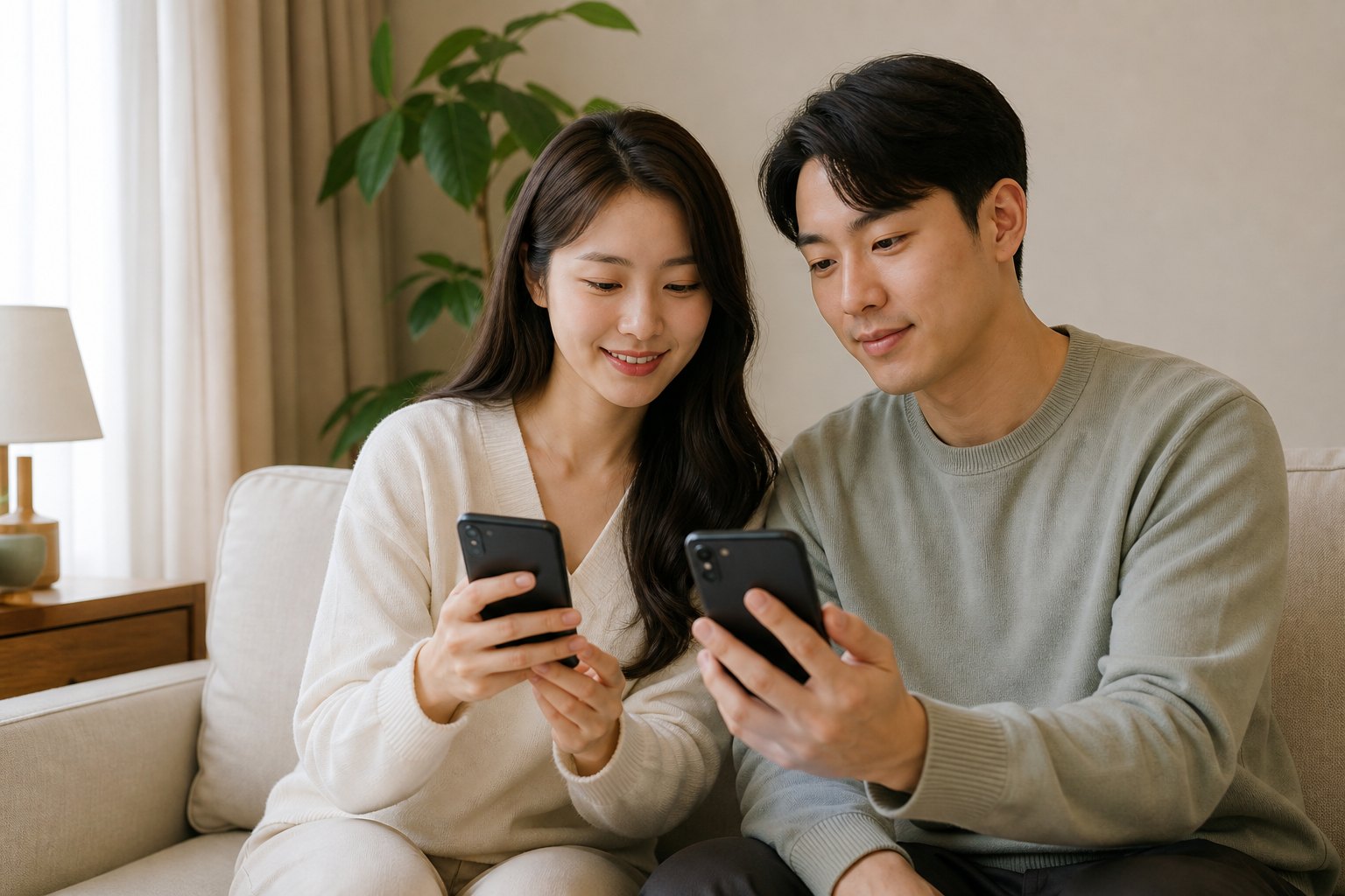 예비부부가 서로 다른 휴대폰으로 모바일 청첩장 링크를 확인하는 모습
