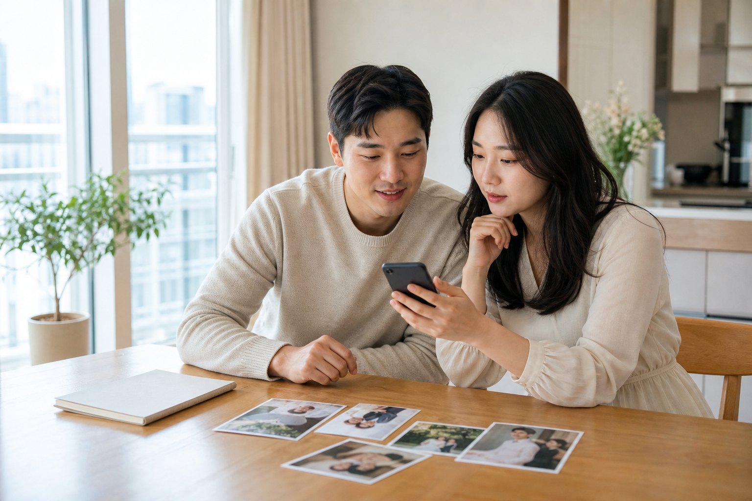 예비부부가 집에서 모바일 청첩장에 사용할 사진을 함께 검토하는 모습