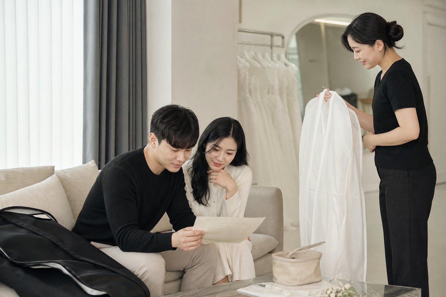 예비부부와 스튜디오 직원이 촬영 전 착장 순서와 의상 가방을 함께 확인하는 모습