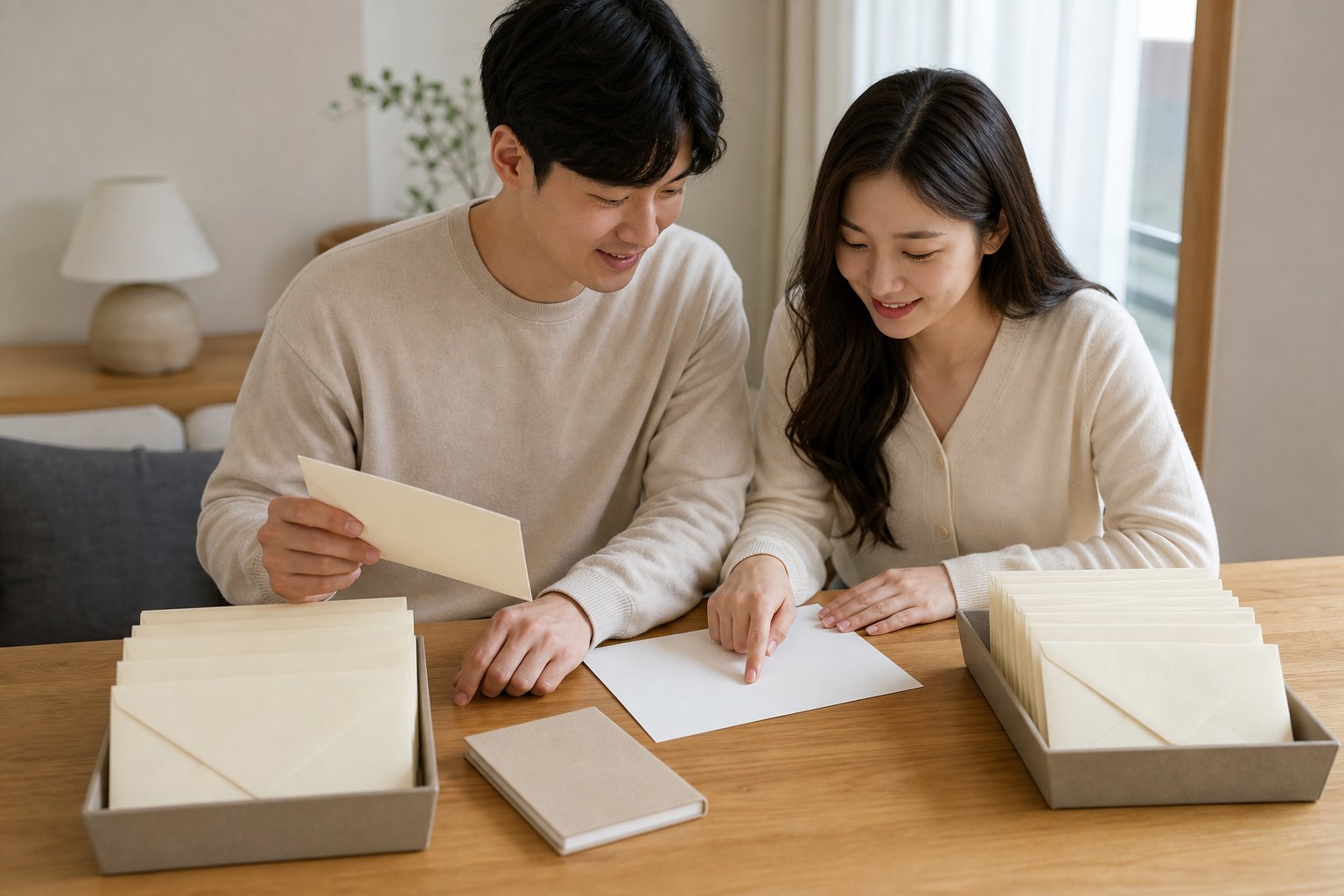 예비부부가 청첩장 봉투와 수신자 목록을 정돈하며 확인하는 모습