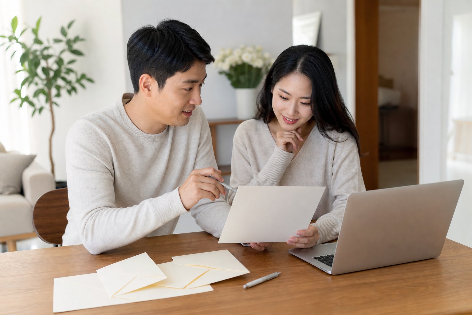 예비부부가 집 테이블에서 청첩장 수신자 목록을 함께 확인하는 모습
