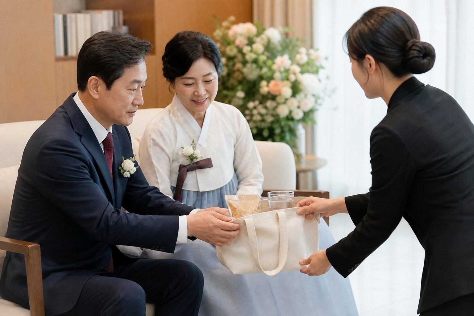 양가 부모님이 가족 대표에게 간식 가방을 전달받는 모습