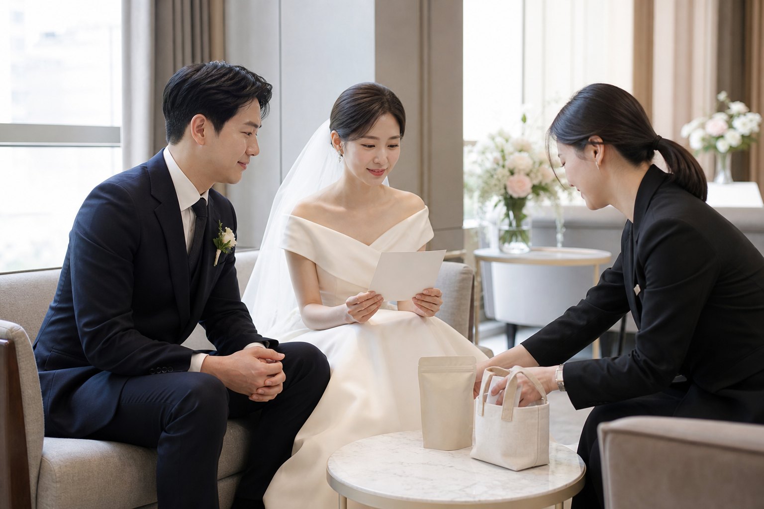 신랑신부와 웨딩 담당자가 대기실에서 간식 가방과 전달 순서를 확인하는 모습