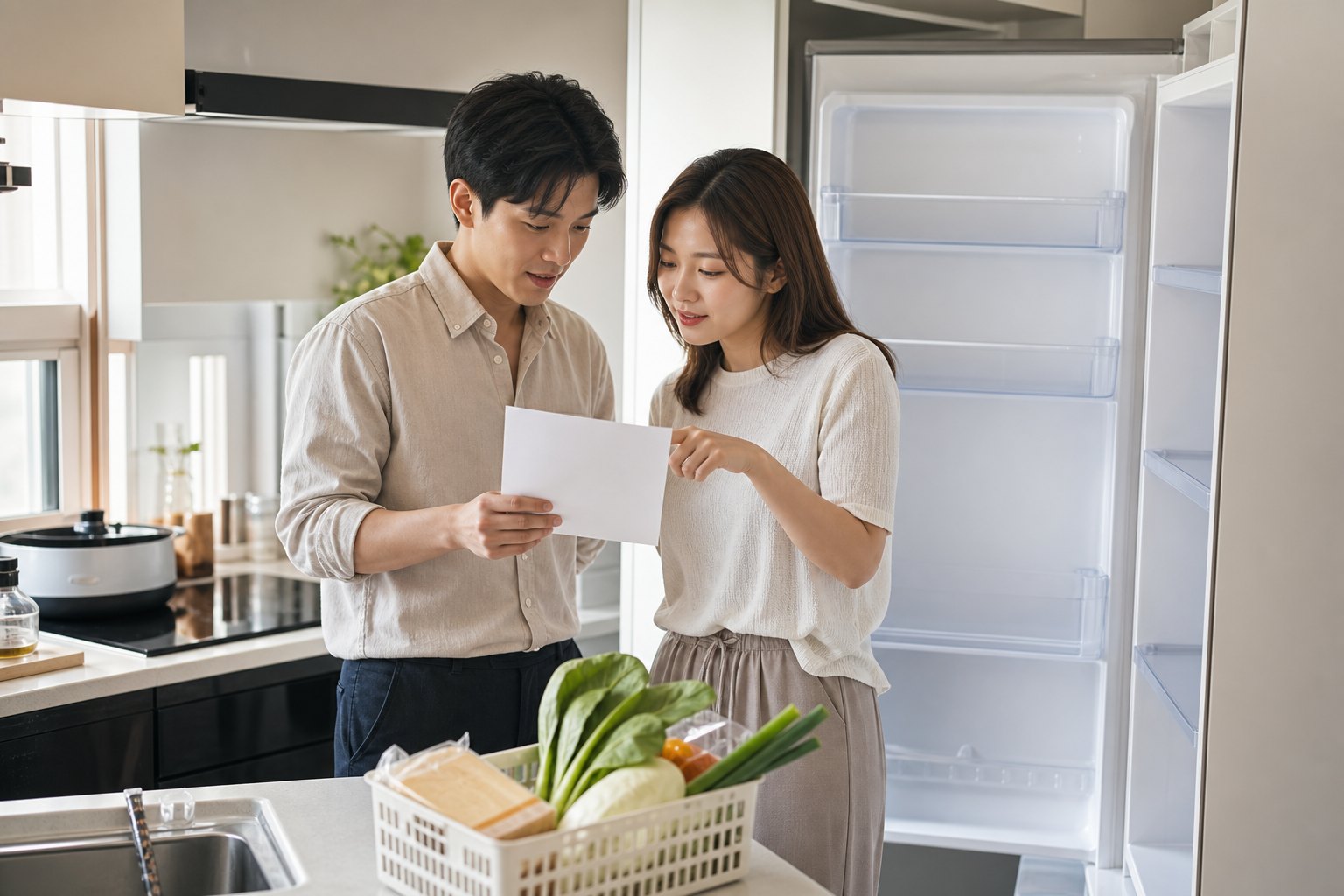 신혼부부가 새 주방에서 첫 장보기 목록과 빈 냉장고를 함께 확인하는 모습
