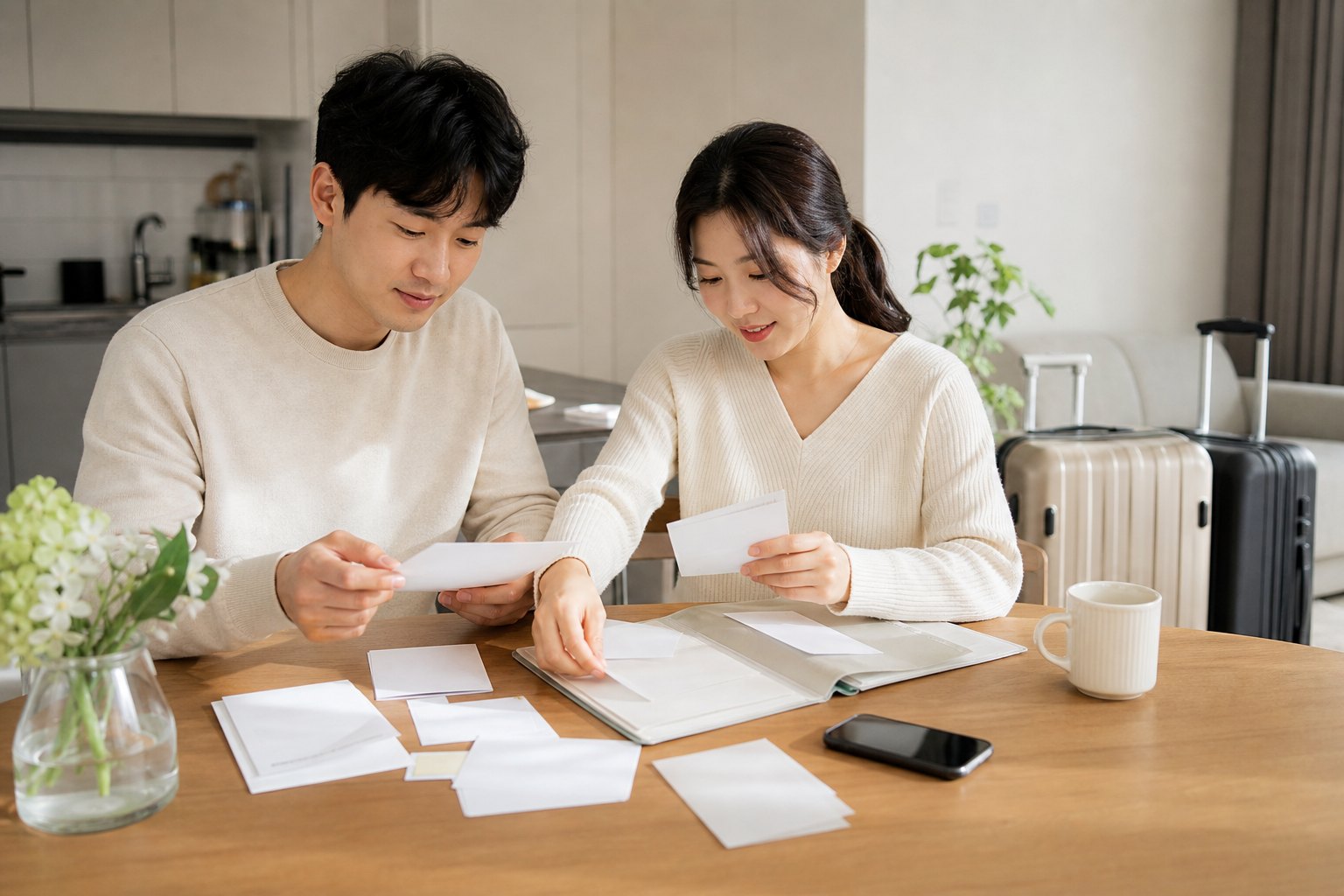 신혼부부가 집에서 허니문 예약 확인서를 여행 일정별로 정리하는 모습